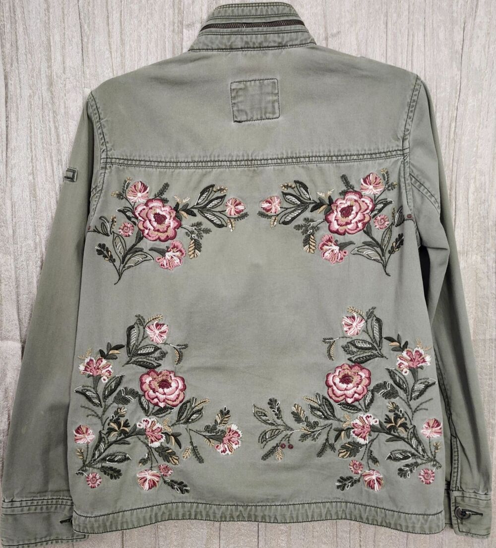 Abercrombie & Fitch Jacket Womens Green Floral Embroidery Military Heritage - M